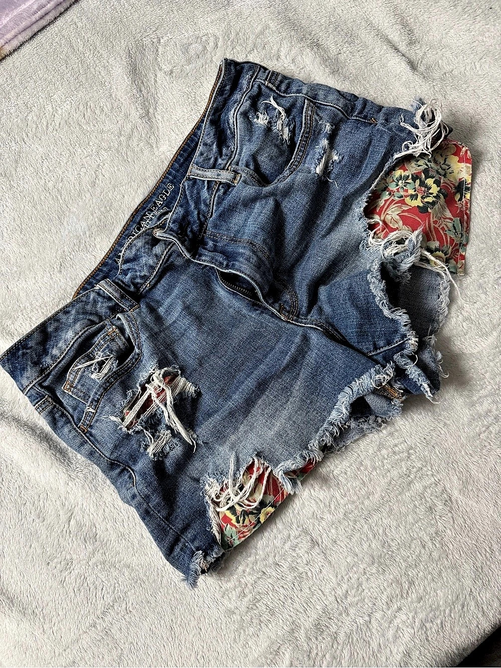 American Eagle Outfitters Hi-Rise Shortie Distressed Floral-Lined Jean Shorts